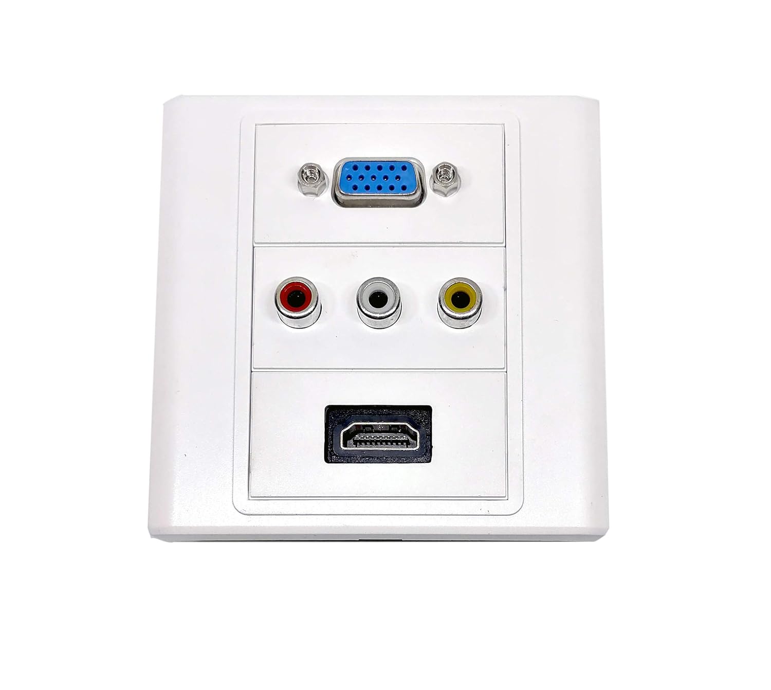 BOXNUBE Multimedia Modular Wall Face Plate with HDMI + VGA + 3RCA (AV) Audio Video Panel Sockets - White BOXNUBE Multimedia Modular Wall Face Plate with HDMI + VGA + 3RCA (AV) Audio Video Panel Sockets - White